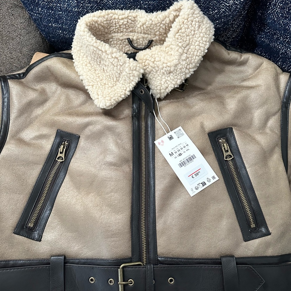 Zara Taupe Faux Leather Aviator Jacket with Cream Sherpa Collar